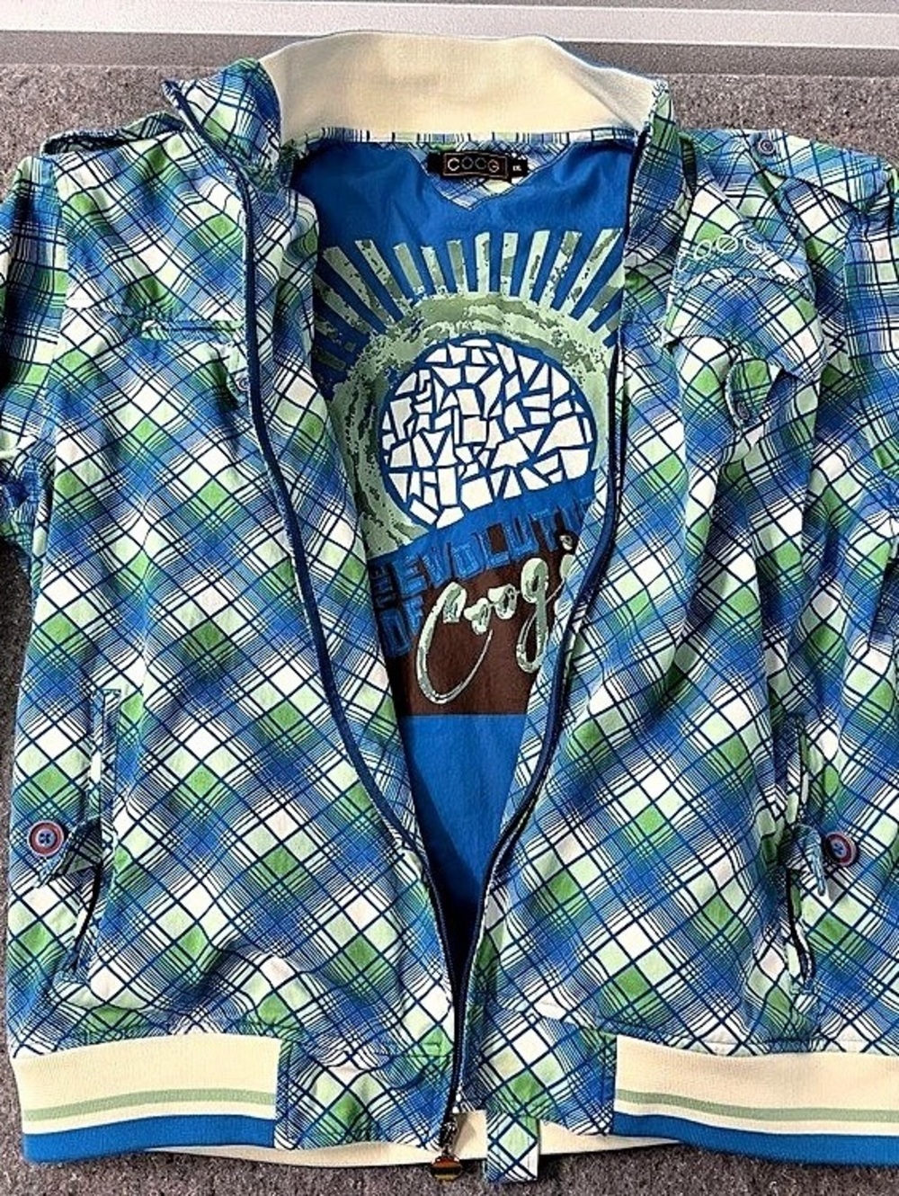Coogi Men’s Plaid Cotton Jacket in Blue & Green Like New